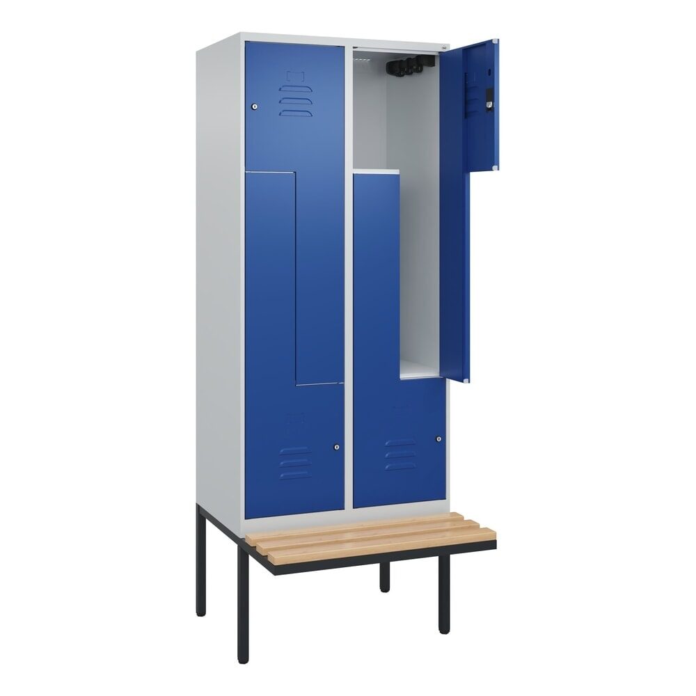 Z-Spind Classic PLUS Sitzbank, 2 Abteile, lichtgrau / enzianblau, B 800 mm, Zylinderschloss, auskragend, Buche-Hartholz C+P