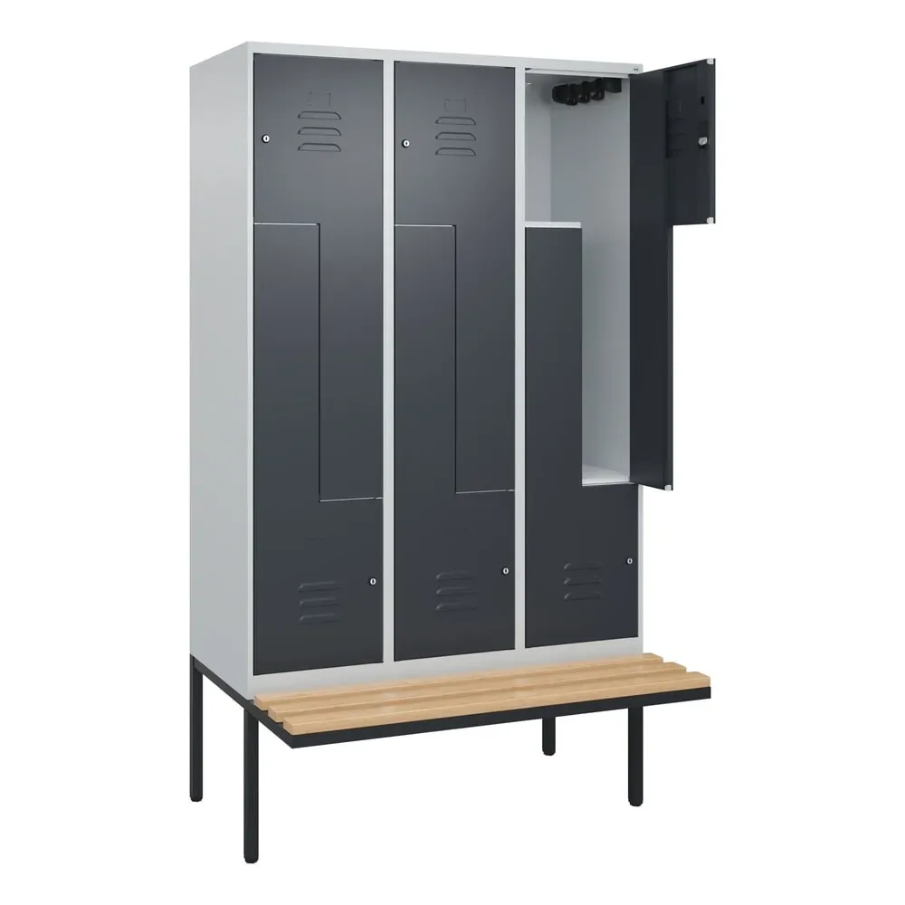 Z-Spind Classic PLUS Sitzbank, 3 Abteile, lichtgrau / grau, B 1200 mm, Zylinderschloss, auskragend, Buche-Hartholz C+P