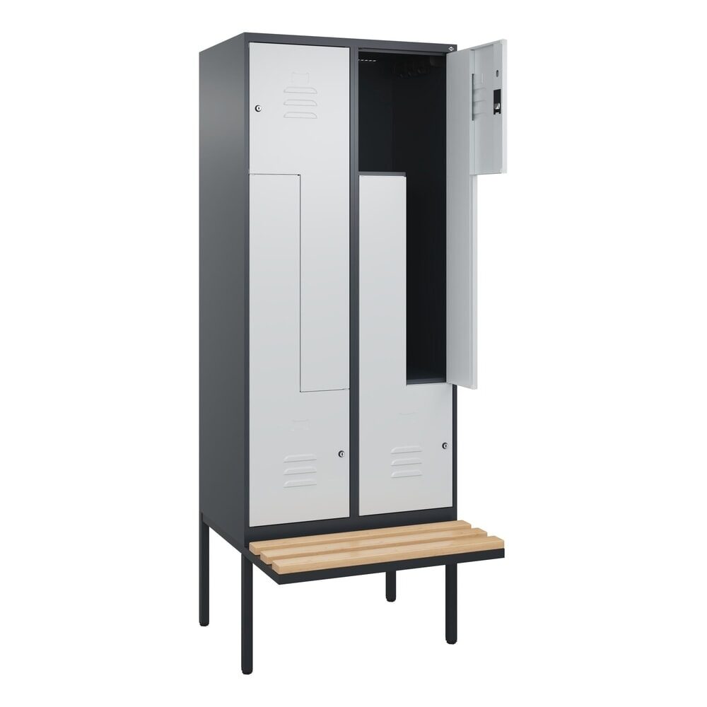 C+P Z-Spind Classic PLUS, 4 Abteile, HxBxT 2.120 x 800 x 815 mm, Zylinderschloss, auskragende Bank aus Buche, anthrazitgrau, lichtgrau