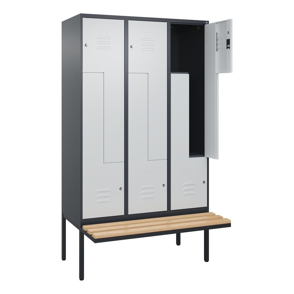 C+P Z-Spind Classic PLUS, 6 Abteile, HxBxT 2.120 x 1.200 x 815 mm, Zylinderschloss, auskragende Bank aus Buche, anthrazitgrau, lichtgrau
