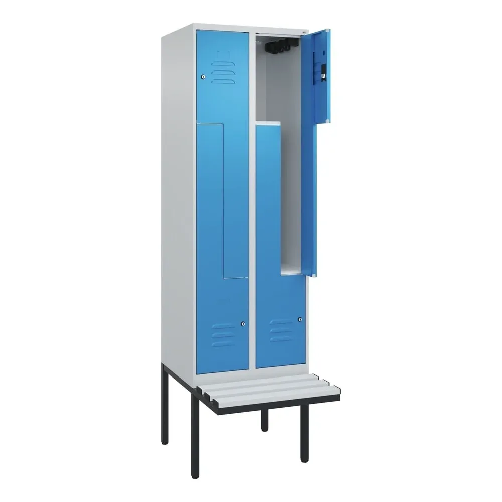 C+P Z-Spind Classic PLUS, 4 Abteile, HxBxT 2.120 x 600 x 815 mm, Zylinderschloss, auskragende Bank aus Kunststoff, lichtgrau, lichtblau