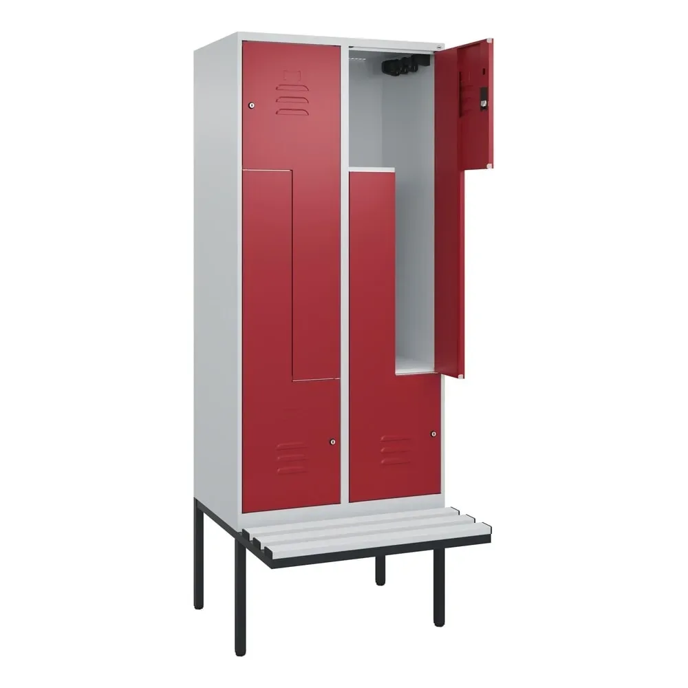 C+P Z-Spind Classic PLUS, 4 Abteile, HxBxT 2.120 x 800 x 815 mm, Zylinderschloss, auskragende Bank aus Kunststoff, lichtgrau, rubinrot