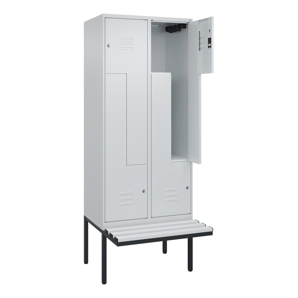 C+P Z-Spind Classic PLUS, 4 Abteile, HxBxT 2.120 x 800 x 815 mm, Zylinderschloss, auskragende Bank aus Kunststoff, lichtgrau, lichtgrau