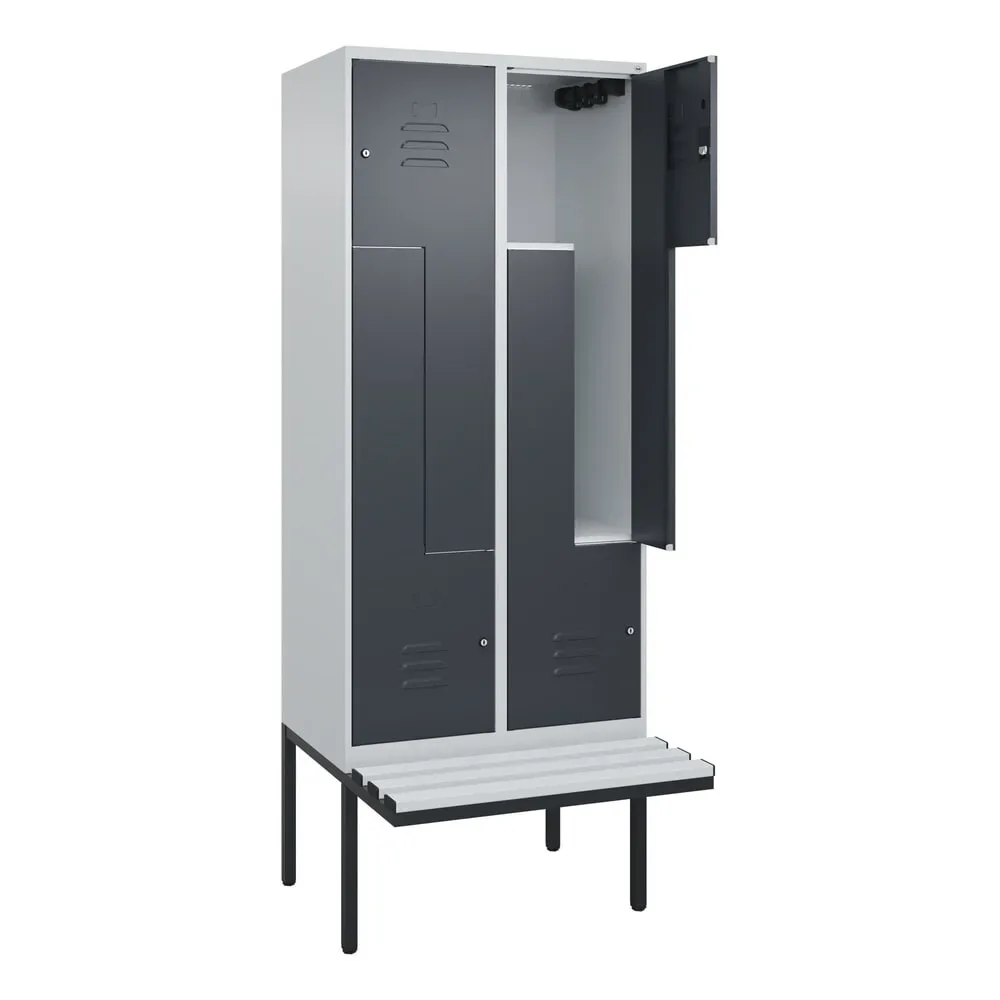 C+P Z-Spind Classic PLUS, 4 Abteile, HxBxT 2.120 x 800 x 815 mm, Zylinderschloss, auskragende Bank aus Kunststoff, lichtgrau, anthrazitgrau