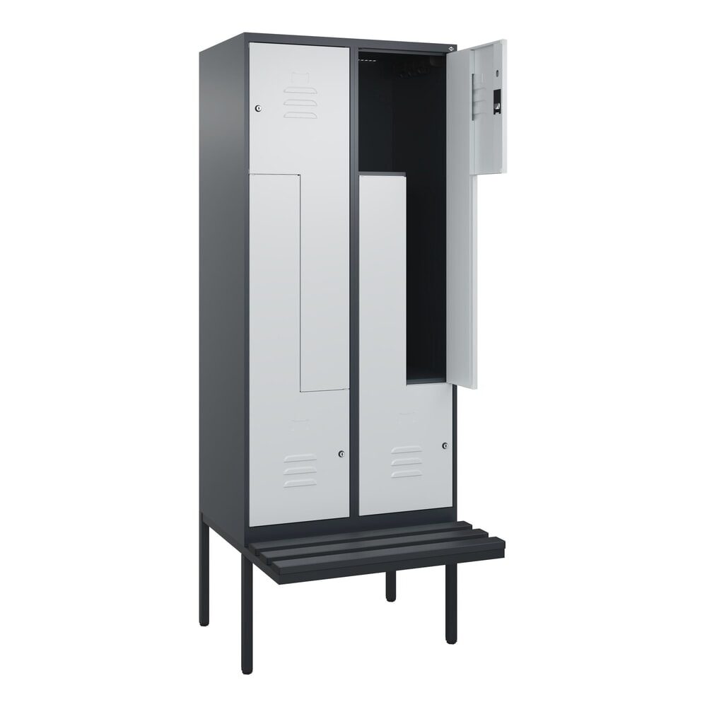 C+P Z-Spind Classic PLUS, 4 Abteile, HxBxT 2.120 x 800 x 815 mm, Zylinderschloss, auskragende Bank aus Kunststoff, anthrazitgrau, lichtgrau