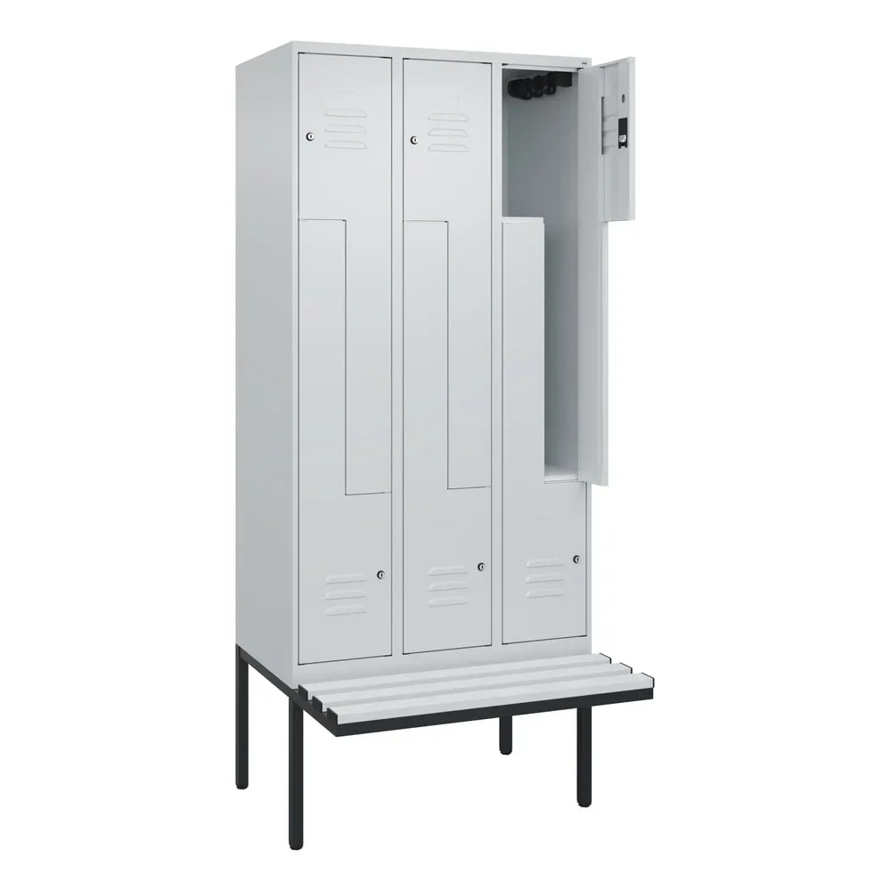 C+P Z-Spind Classic PLUS, 6 Abteile, HxBxT 2.120 x 900 x 815 mm, Zylinderschloss, auskragende Bank aus Kunststoff, lichtgrau, lichtgrau