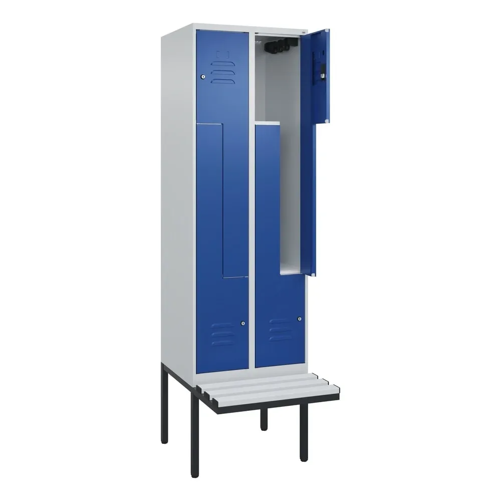 C+P Z-Spind Classic PLUS, 4 Abteile, HxBxT 2.120 x 600 x 815 mm, Zylinderschloss, auskragende Bank aus Kunststoff, lichtgrau, enzianblau