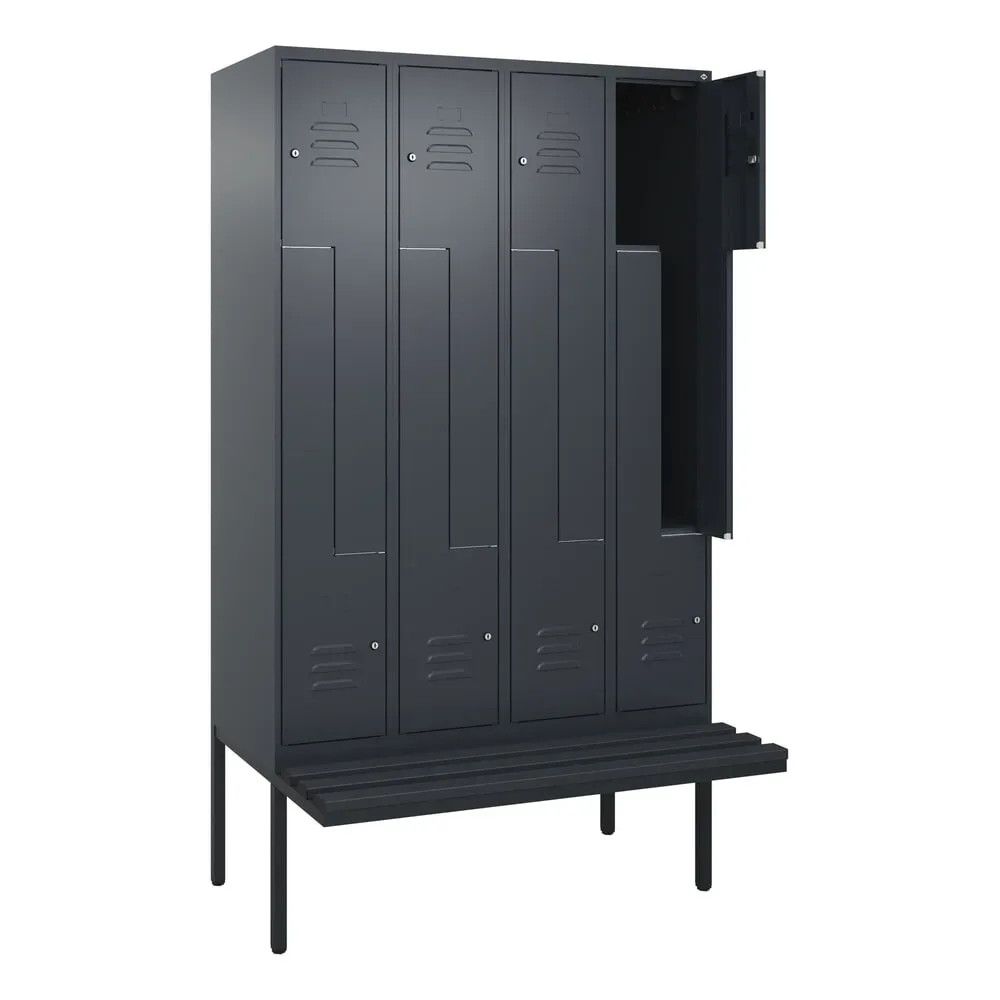 C+P Z-Spind Classic PLUS, 8 Abteile, HxBxT 2.120 x 1.200 x 815 mm, Zylinderschloss, auskragende Bank aus Kunststoff, anthrazitgrau, anthrazitgrau