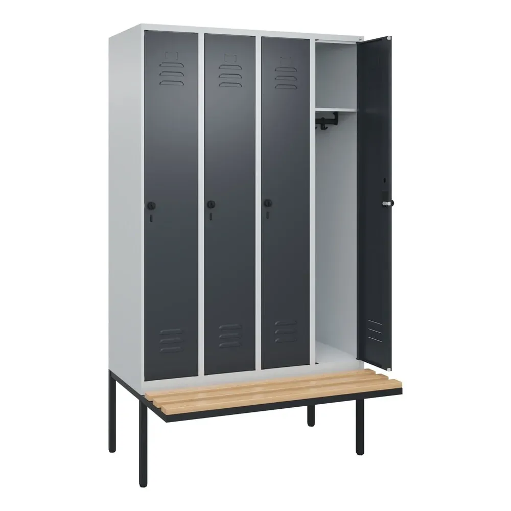 Spind Classic PLUS Sitzbank, 4 Abteile, lichtgrau / grau, B 1200 mm, Sicherheits-Drehriegel, auskragend, Buche-Hartholz C+P