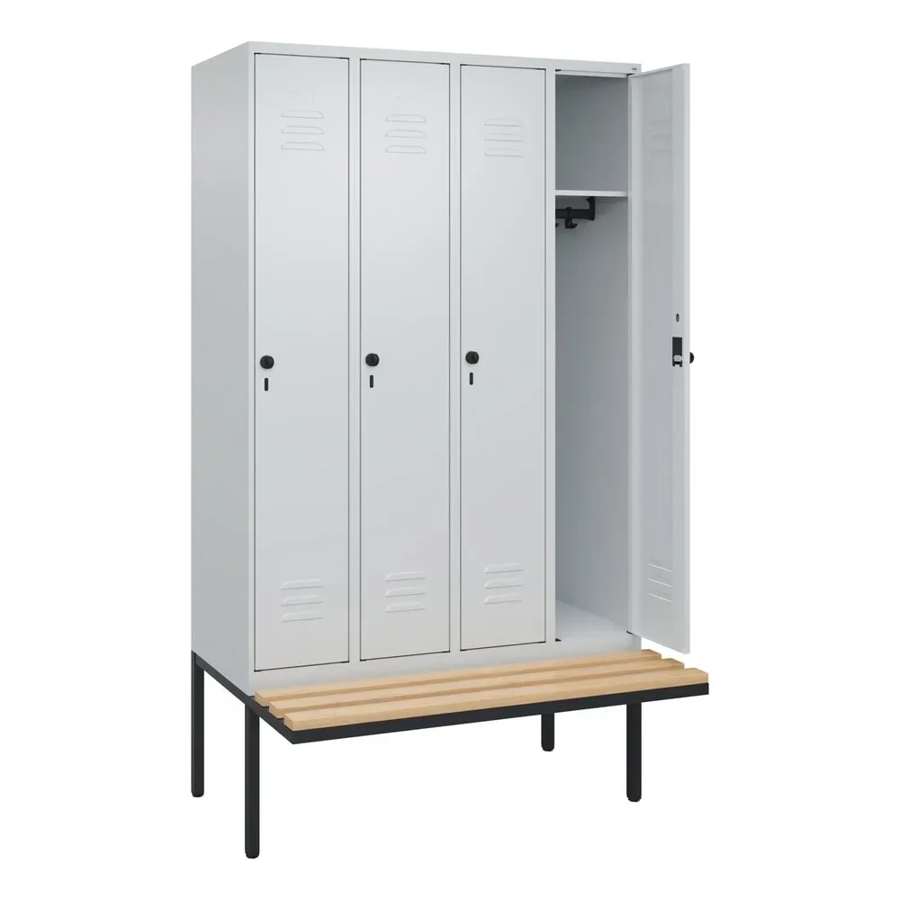 Spind Classic PLUS Sitzbank, 4 Abteile, lichtgrau, B 1200 mm, Sicherheits-Drehriegel, auskragend, Buche-Hartholz C+P