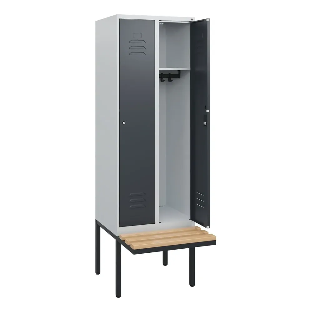 C+P Spind Classic PLUS, 2 Abteile, HxBxT 1.950 x 600 x 815 mm, Zylinderschloss, auskragende Bank aus Buche, lichtgrau, anthrazitgrau