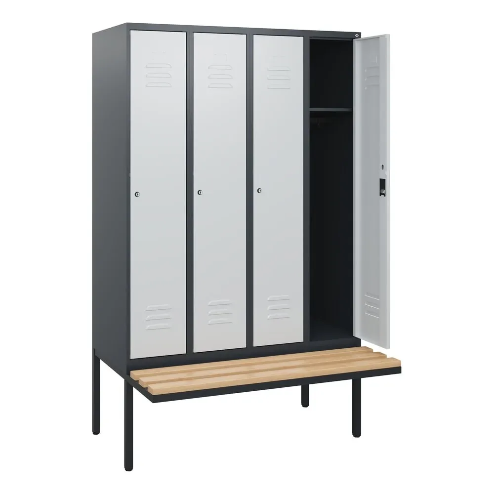 C+P Spind Classic PLUS, 4 Abteile, HxBxT 1.950 x 1.200 x 815 mm, Zylinderschloss, auskragende Bank aus Buche, anthrazitgrau, lichtgrau