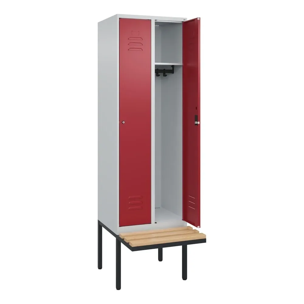 C+P Spind Classic PLUS, 2 Abteile, HxBxT 2.120 x 600 x 815 mm, Zylinderschloss, auskragende Bank aus Buche, lichtgrau, rubinrot