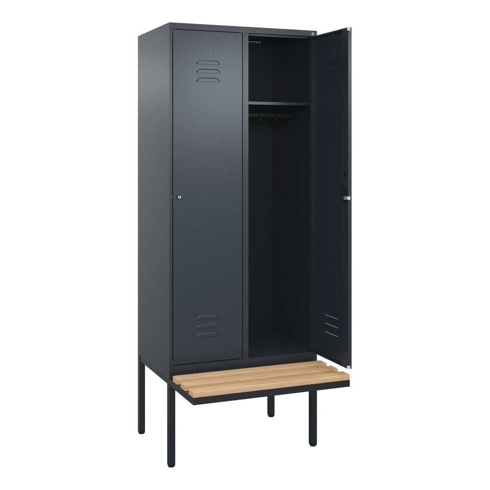 Spind Classic PLUS Sitzbank, 2 Abteile, grau, B 800 mm, Zylinderschloss, auskragend, Buche-Hartholz C+P