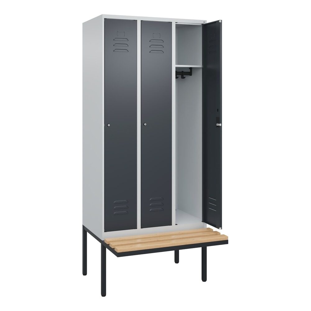 C+P Spind Classic PLUS, 3 Abteile, HxBxT 2.120 x 900 x 815 mm, Zylinderschloss, auskragende Bank aus Buche, lichtgrau, anthrazitgrau