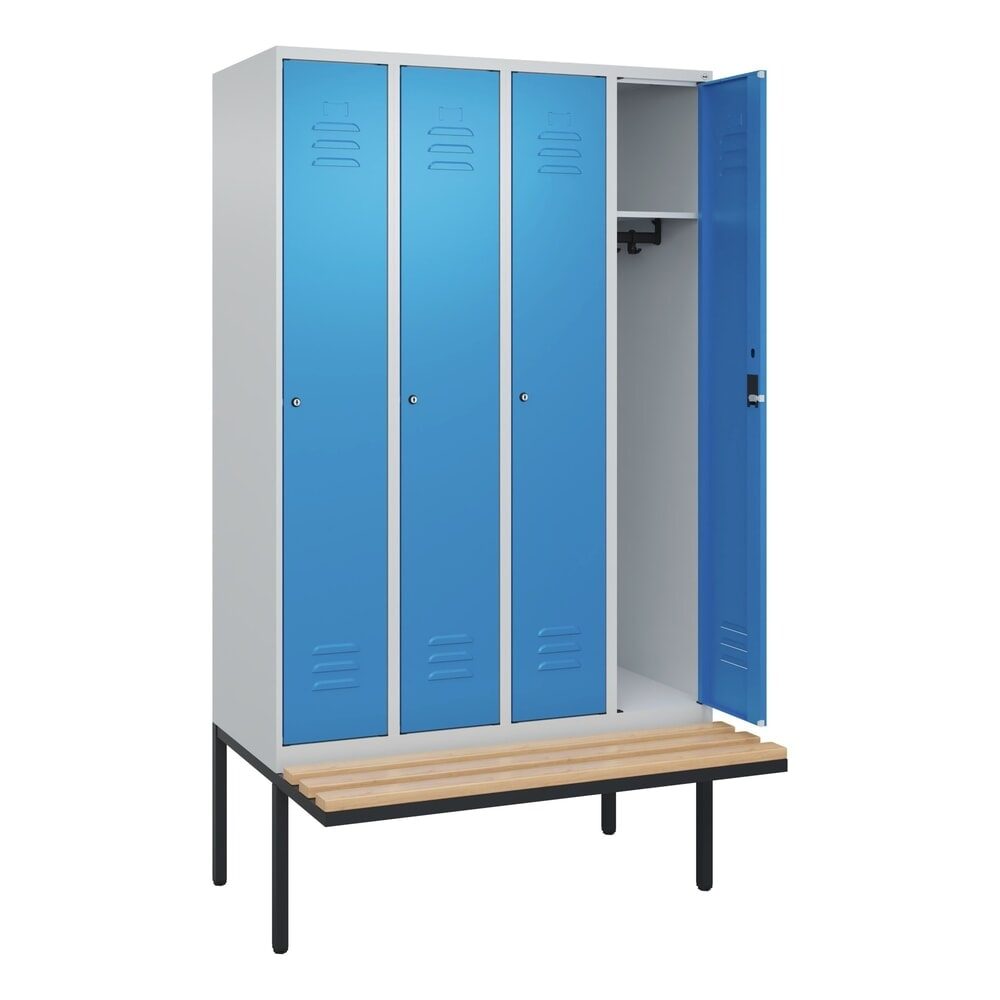 C+P Spind Classic PLUS, 4 Abteile, HxBxT 2.120 x 1.200 x 815 mm, Zylinderschloss, auskragende Bank aus Buche, lichtgrau, lichtblau