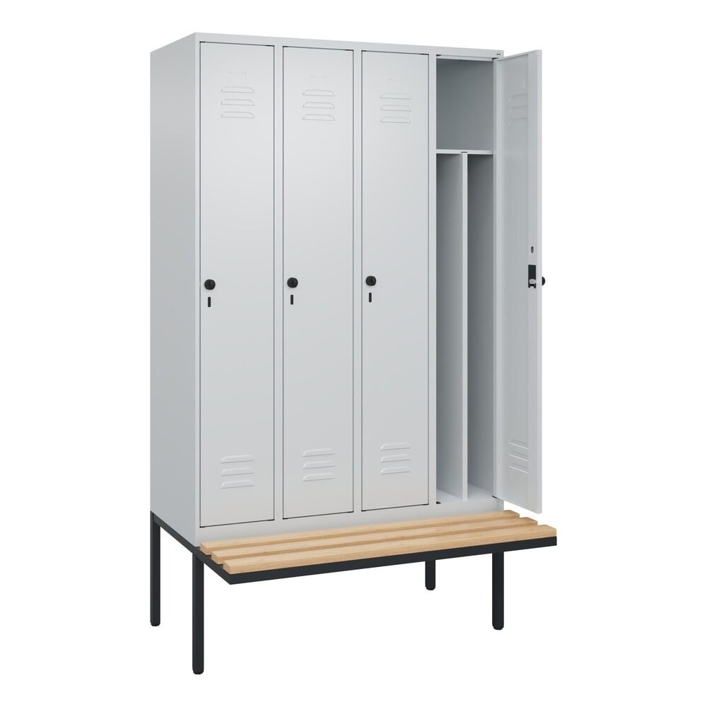 C+P Spind Classic PLUS, 4 Abteile, Trennwand, HxBxT 2.120 x 1.200 x 815 mm, für Vorhängeschloss, auskragende Bank aus Buche, lichtgrau, lichtgrau