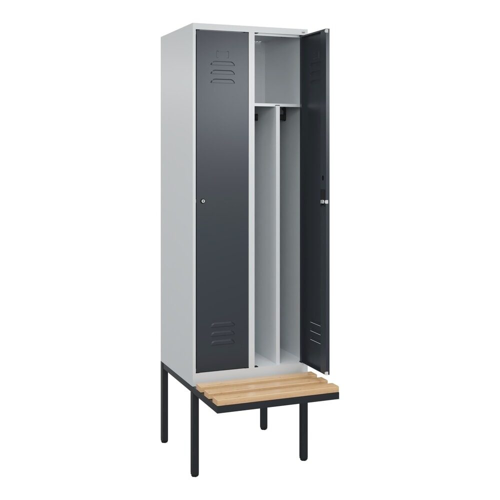 C+P Schwarz-Weiß-Spind Classic PLUS Sitzbank, schmal, 2 Abteile, verkürzte Trennwand mittig, lichtgrau / grau, B 600 mm, Zylinderschloss, auskragend,