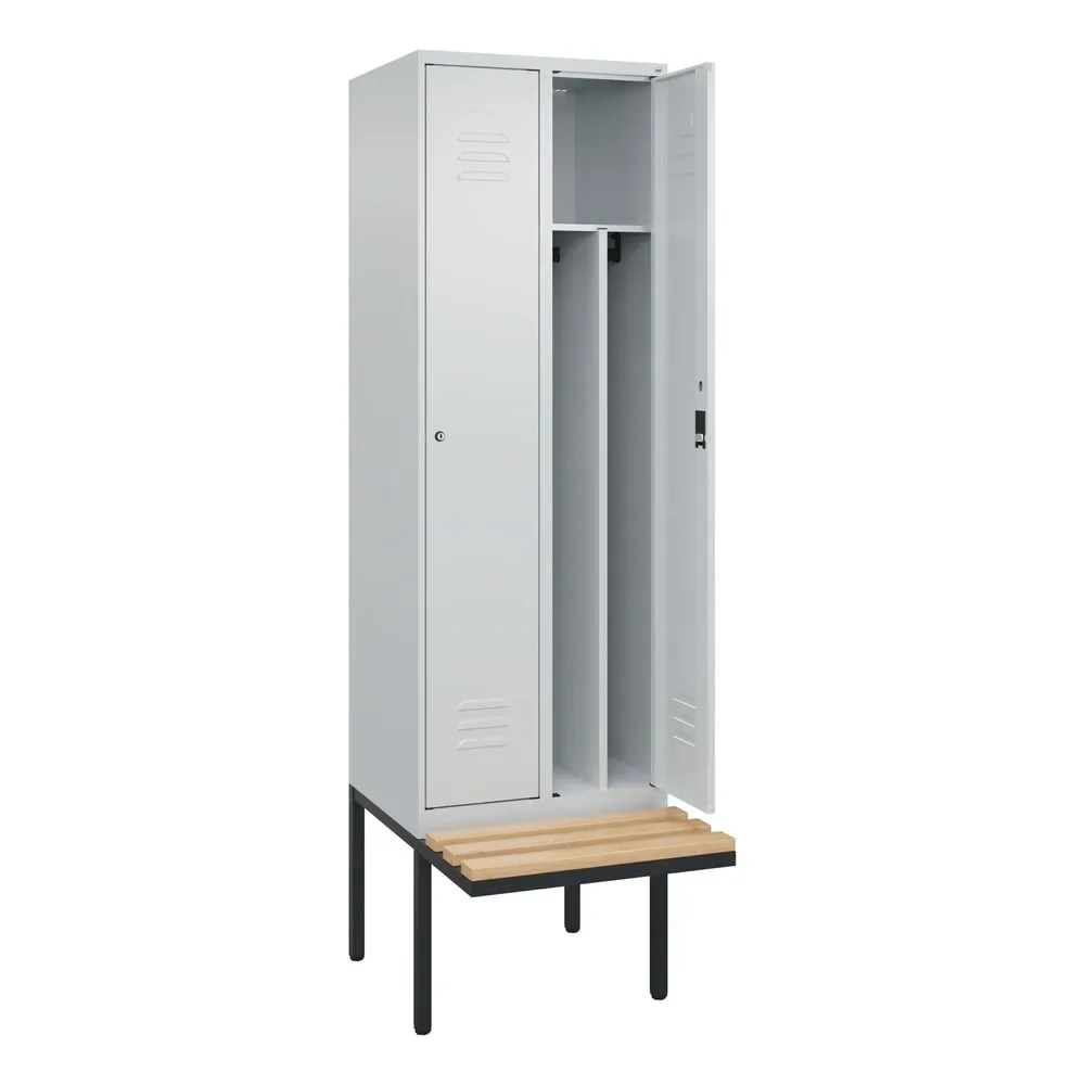 C+P Spind Classic PLUS, 2 Abteile, Trennwand, HxBxT 2.120 x 600 x 815 mm, Zylinderschloss, auskragende Bank aus Buche, lichtgrau, lichtgrau
