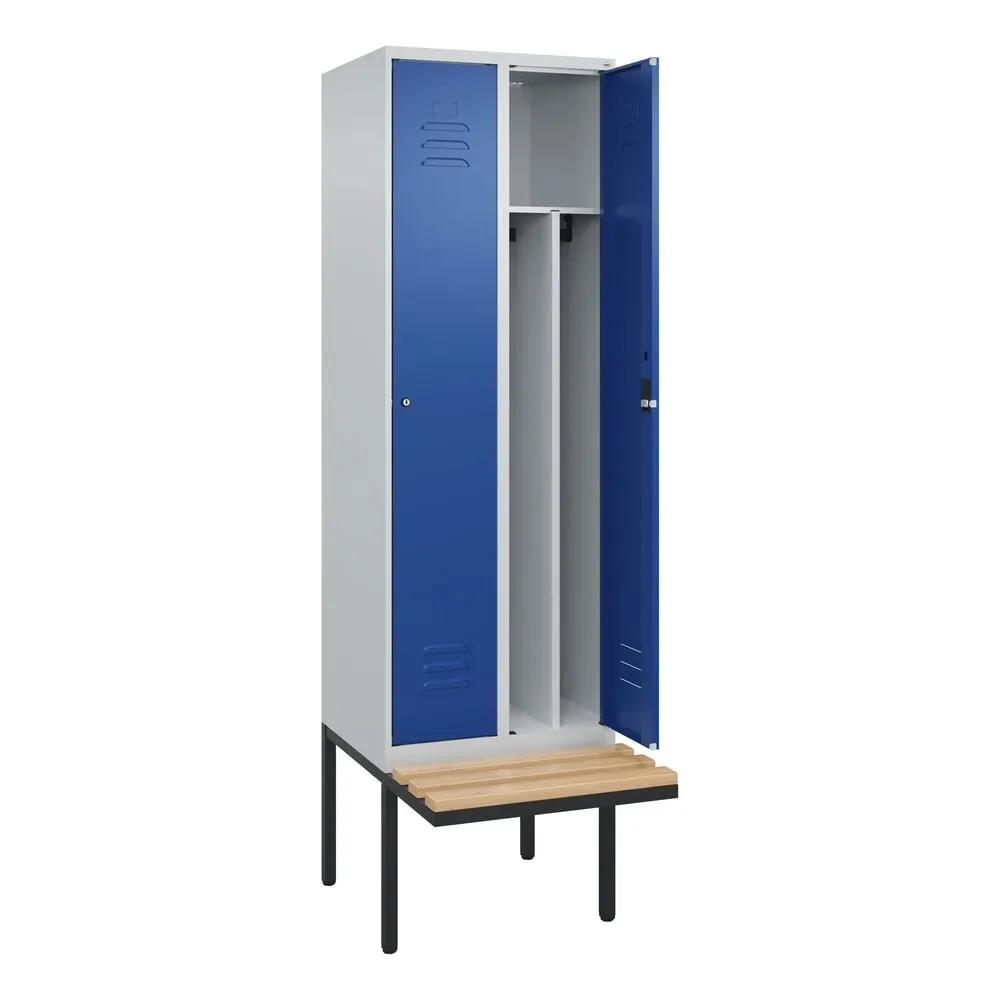 C+P Spind Classic PLUS, 2 Abteile, Trennwand, HxBxT 2.120 x 600 x 815 mm, Zylinderschloss, auskragende Bank aus Buche, lichtgrau, enzianblau