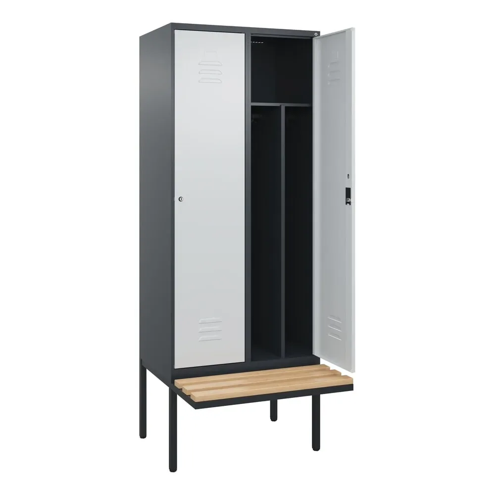 C+P Spind Classic PLUS, 2 Abteile, Trennwand, HxBxT 2.120 x 800 x 815 mm, Zylinderschloss, auskragende Bank aus Buche, anthrazitgrau, lichtgrau