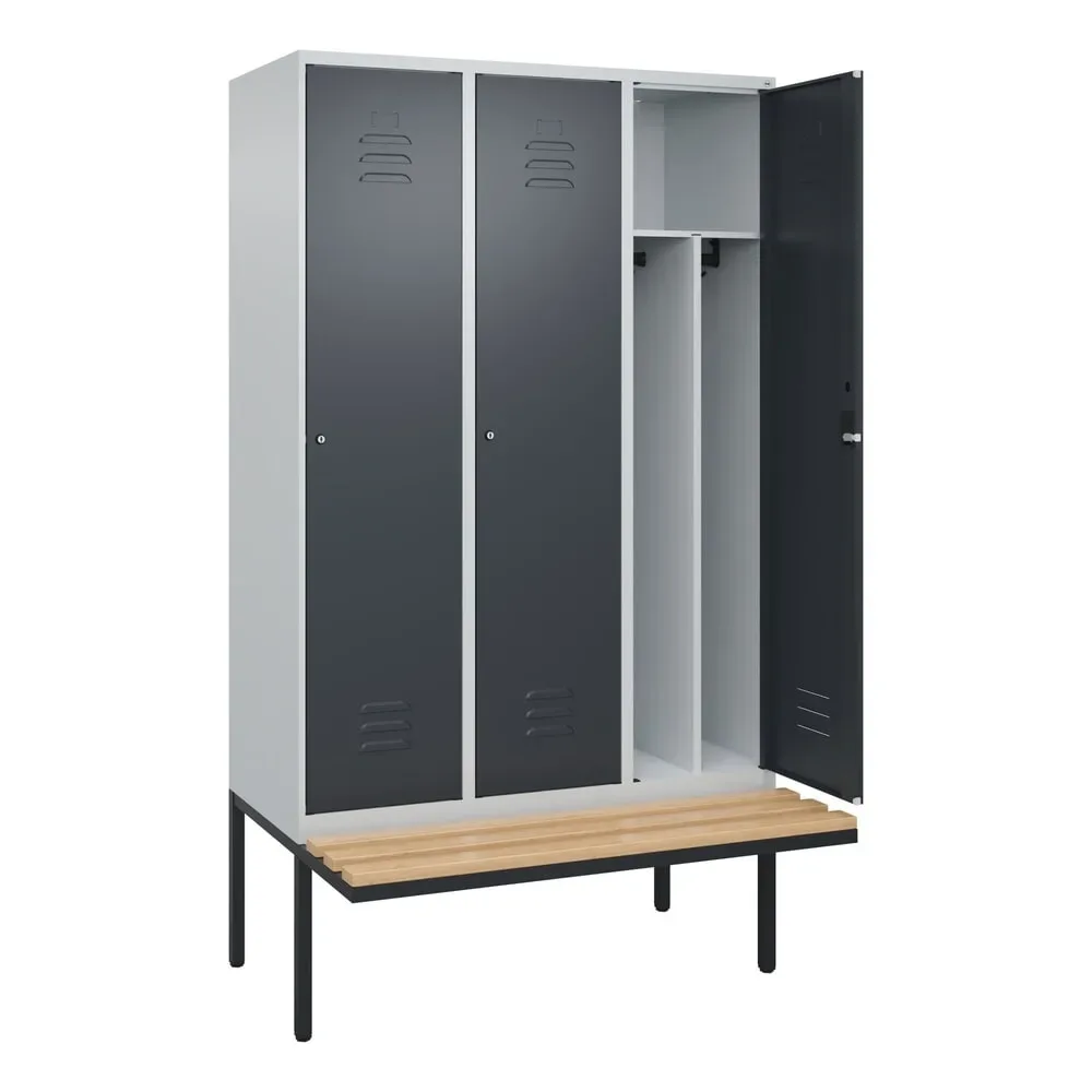 C+P Schwarz-Weiß-Spind Classic PLUS Sitzbank, schmal, 3 Abteile, verkürzte Trennwand mittig, lichtgrau / grau, B 1200 mm, Zylinderschloss, auskragend,