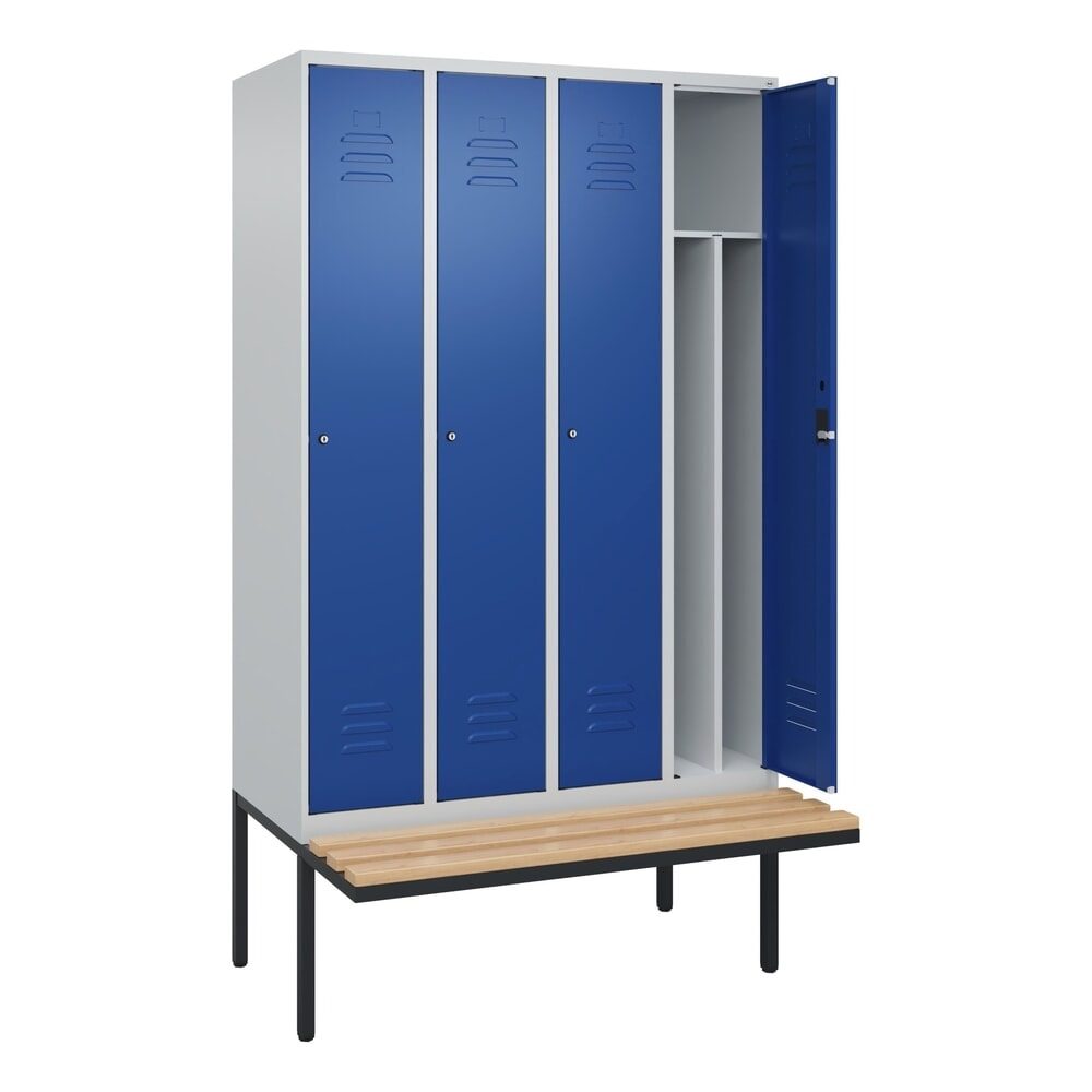 C+P Schwarz-Weiß-Spind Classic PLUS Sitzbank, schmal, 4 Abteile, verkürzte Trennwand mittig, lichtgrau / enzianblau, B 1200 mm, Zylinderschloss,