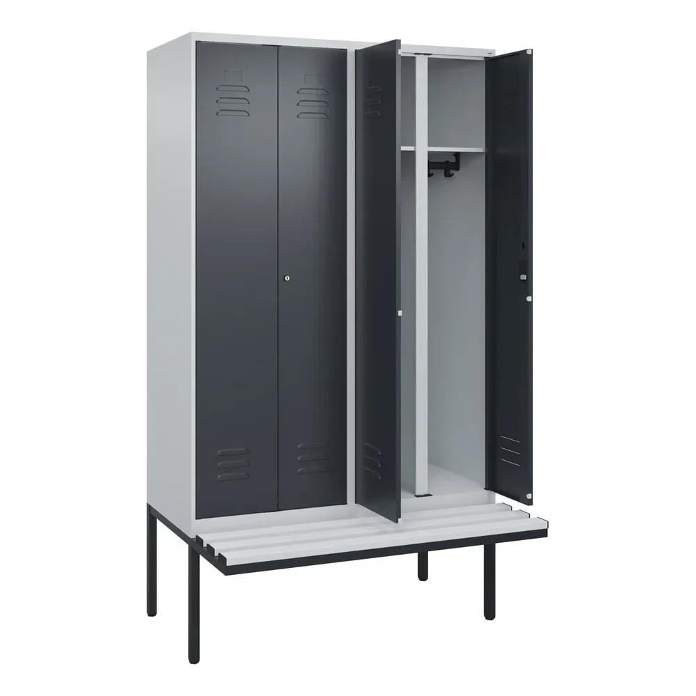 C+P Schwarz-Weiss-Spind Classic PLUS, 4 Abteile, HxBxT 2.120 x 1.200 x 815 mm, Zylinderschloss, auskragende Bank aus Kunststoff, lichtgrau, anthrazitgrau