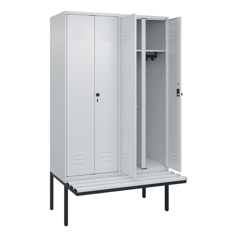 C+P Schwarz-Weiss-Spind Classic PLUS, 4 Abteile, HxBxT 2.120 x 1.200 x 815 mm, für Vorhängeschloss, auskragende Bank aus Kunststoff, lichtgrau, lichtgrau