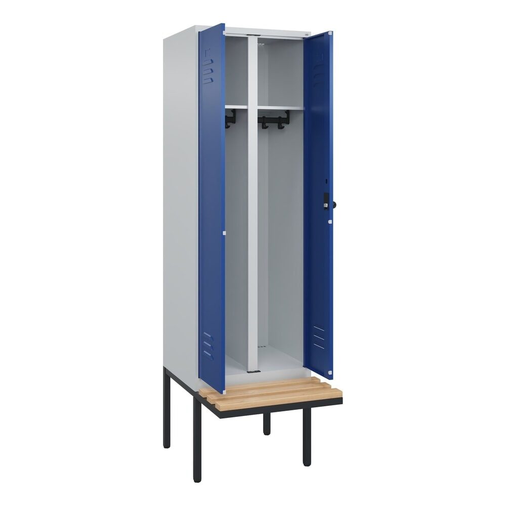 C+P Schwarz-Weiß-Spind Classic PLUS Sitzbank, Trennwand mittig, 1 Abteil, lichtgrau / enzianblau, B 600 mm, Sicherheits-Drehriegel, auskragend,