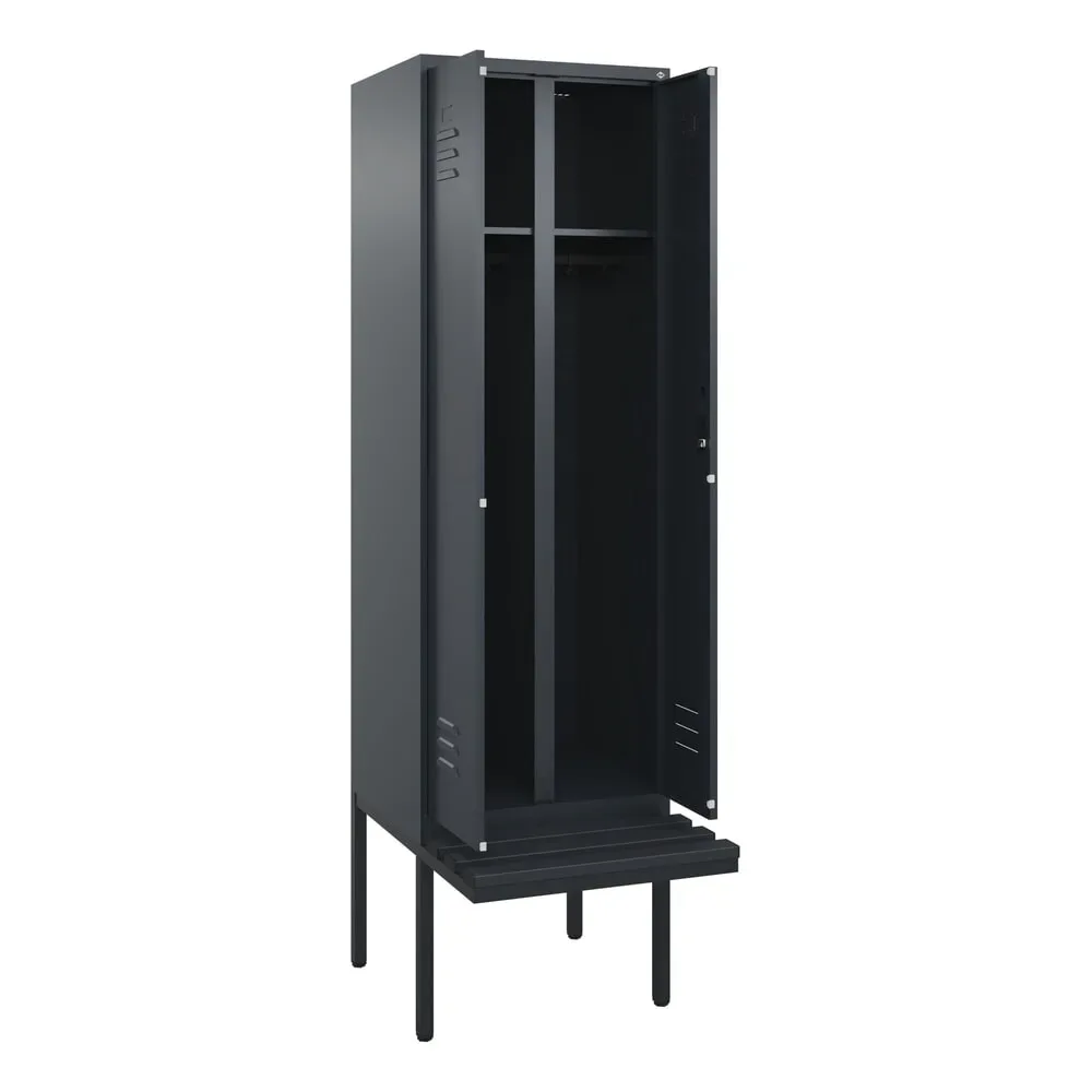 C+P Schwarz-Weiss-Spind Classic PLUS, 2 Abteile, HxBxT 2.120 x 600 x 815 mm, Zylinderschloss, auskragende Bank aus Kunststoff, anthrazitgrau, anthrazitgrau