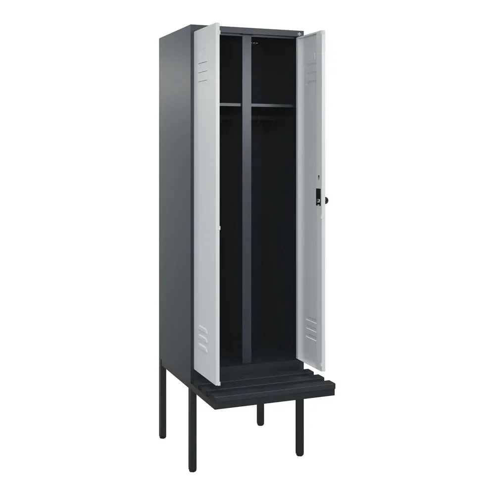 C+P Schwarz-Weiss-Spind Classic PLUS, 2 Abteile, HxBxT 2.120 x 600 x 815 mm, für Vorhängeschloss, auskragende Bank aus Kunststoff, anthrazitgrau, lichtgrau