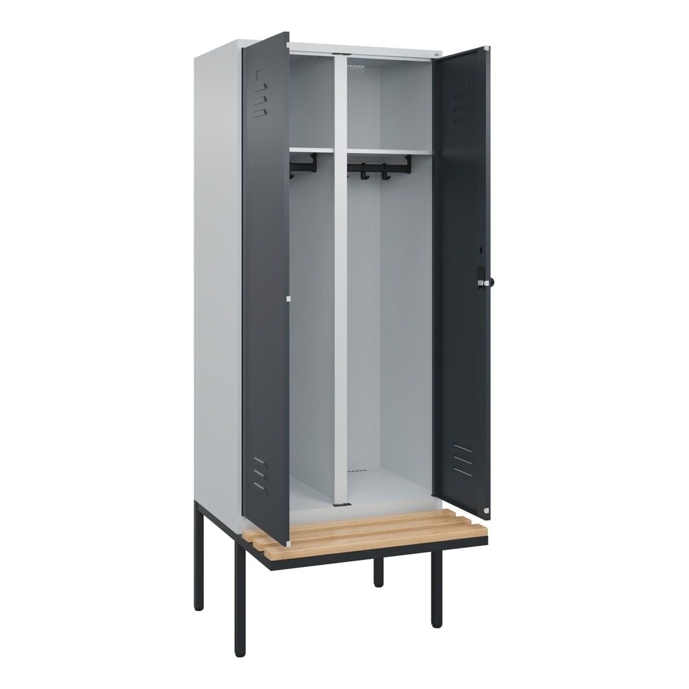 C+P Schwarz-Weiss-Spind Classic PLUS, 2 Abteile, HxBxT 2.120 x 800 x 815 mm, für Vorhängeschloss, auskragende Bank aus Buche, lichtgrau, anthrazitgrau