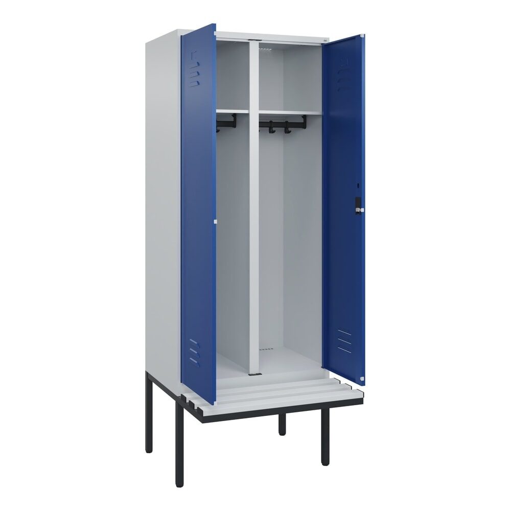 C+P Schwarz-Weiss-Spind Classic PLUS, 2 Abteile, HxBxT 2.120 x 800 x 815 mm, Zylinderschloss, auskragende Bank aus Kunststoff, lichtgrau, enzianblau