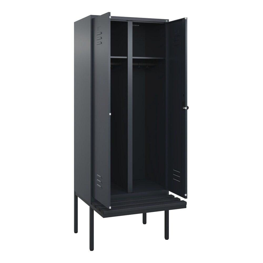 C+P Schwarz-Weiss-Spind Classic PLUS, 2 Abteile, HxBxT 2.120 x 800 x 815 mm, für Vorhängeschloss, auskragende Bank aus Kunststoff, anthrazitgrau, anthrazitgrau