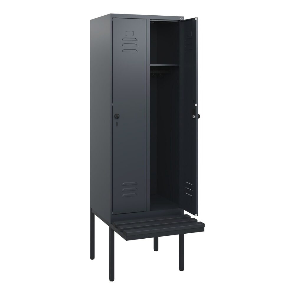 C+P Spind Classic PLUS, 2 Abteile, HxBxT 1.950 x 600 x 815 mm, für Vorhängeschloss, auskragende Bank aus Kunststoff, anthrazitgrau, anthrazitgrau