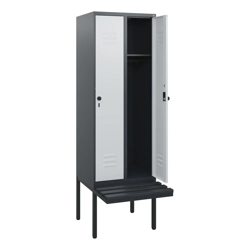 C+P Spind Classic PLUS, 2 Abteile, HxBxT 1.950 x 600 x 815 mm, für Vorhängeschloss, auskragende Bank aus Kunststoff, anthrazitgrau, lichtgrau