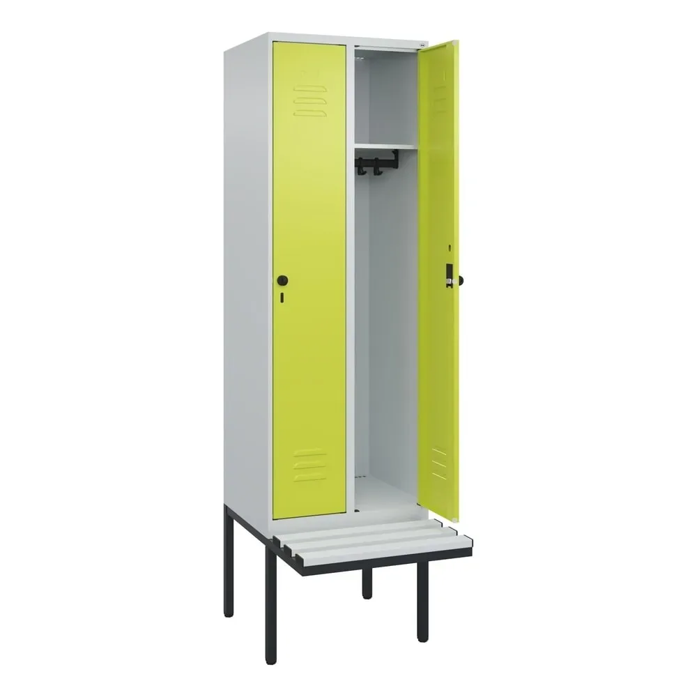 C+P Spind Classic PLUS, 2 Abteile, HxBxT 2.120 x 600 x 815 mm, für Vorhängeschloss, auskragende Bank aus Kunststoff, lichtgrau, clowngrün