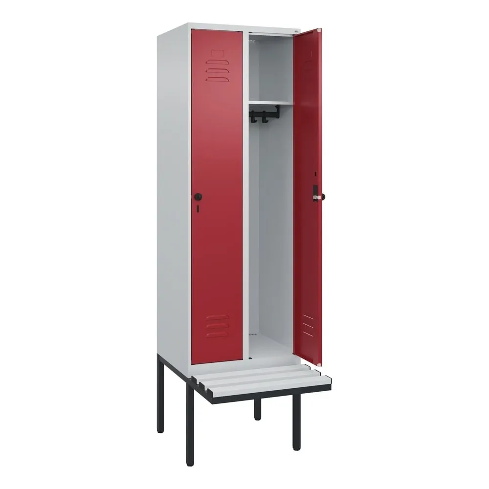 C+P Spind Classic PLUS, 2 Abteile, HxBxT 2.120 x 600 x 815 mm, für Vorhängeschloss, auskragende Bank aus Kunststoff, lichtgrau, rubinrot