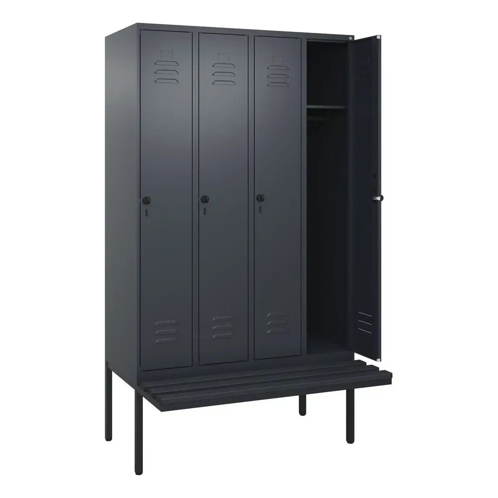 C+P Spind Classic PLUS, 4 Abteile, HxBxT 2.120 x 1.200 x 815 mm, für Vorhängeschloss, auskragende Bank aus Kunststoff, anthrazitgrau, anthrazitgrau