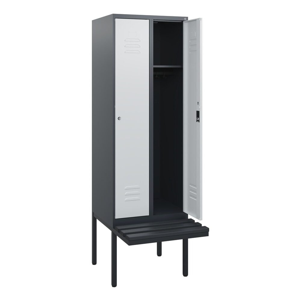C+P Spind Classic PLUS, 2 Abteile, HxBxT 1.950 x 600 x 815 mm, Zylinderschloss, auskragende Bank aus Kunststoff, anthrazitgrau, lichtgrau