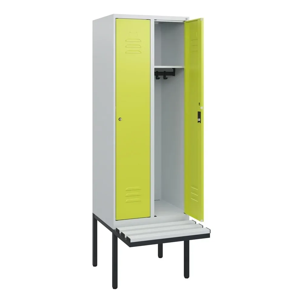 C+P Spind Classic PLUS, 2 Abteile, HxBxT 1.950 x 600 x 815 mm, Zylinderschloss, auskragende Bank aus Kunststoff, lichtgrau, clowngrün