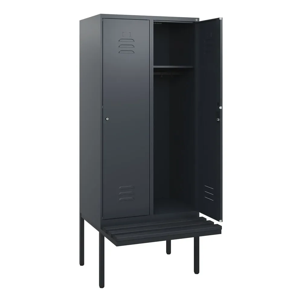C+P Spind Classic PLUS, 2 Abteile, HxBxT 1.950 x 800 x 815 mm, Zylinderschloss, auskragende Bank aus Kunststoff, anthrazitgrau, anthrazitgrau