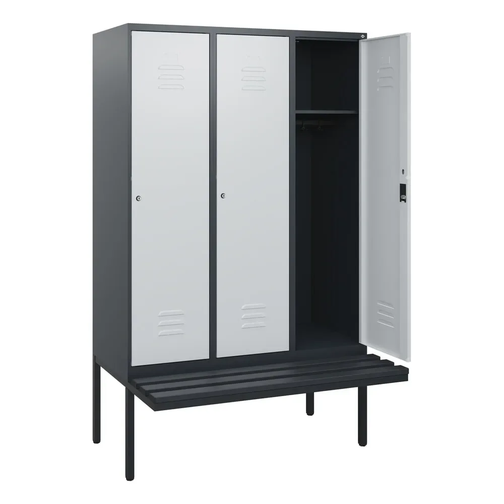 C+P Spind Classic PLUS, 3 Abteile, HxBxT 1.950 x 1.200 x 815 mm, Zylinderschloss, auskragende Bank aus Kunststoff, anthrazitgrau, lichtgrau