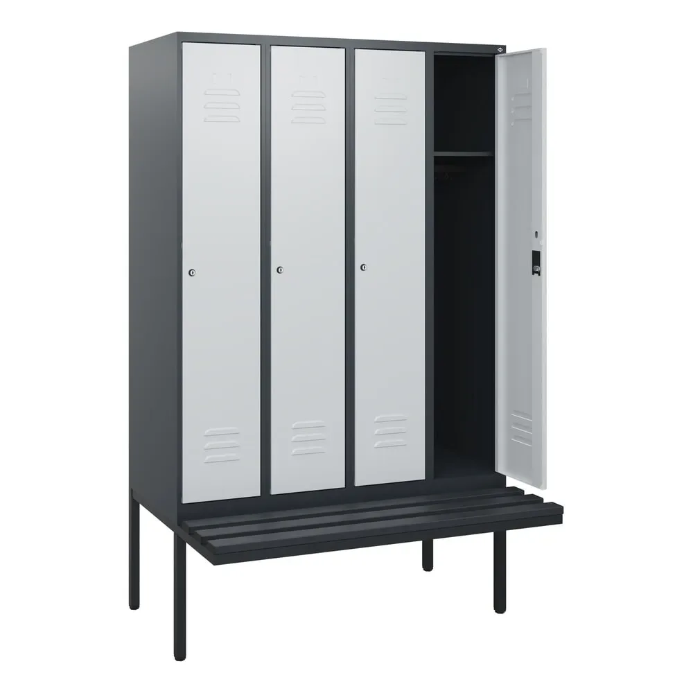 C+P Spind Classic PLUS, 4 Abteile, HxBxT 1.950 x 1.200 x 815 mm, Zylinderschloss, auskragende Bank aus Kunststoff, anthrazitgrau, lichtgrau