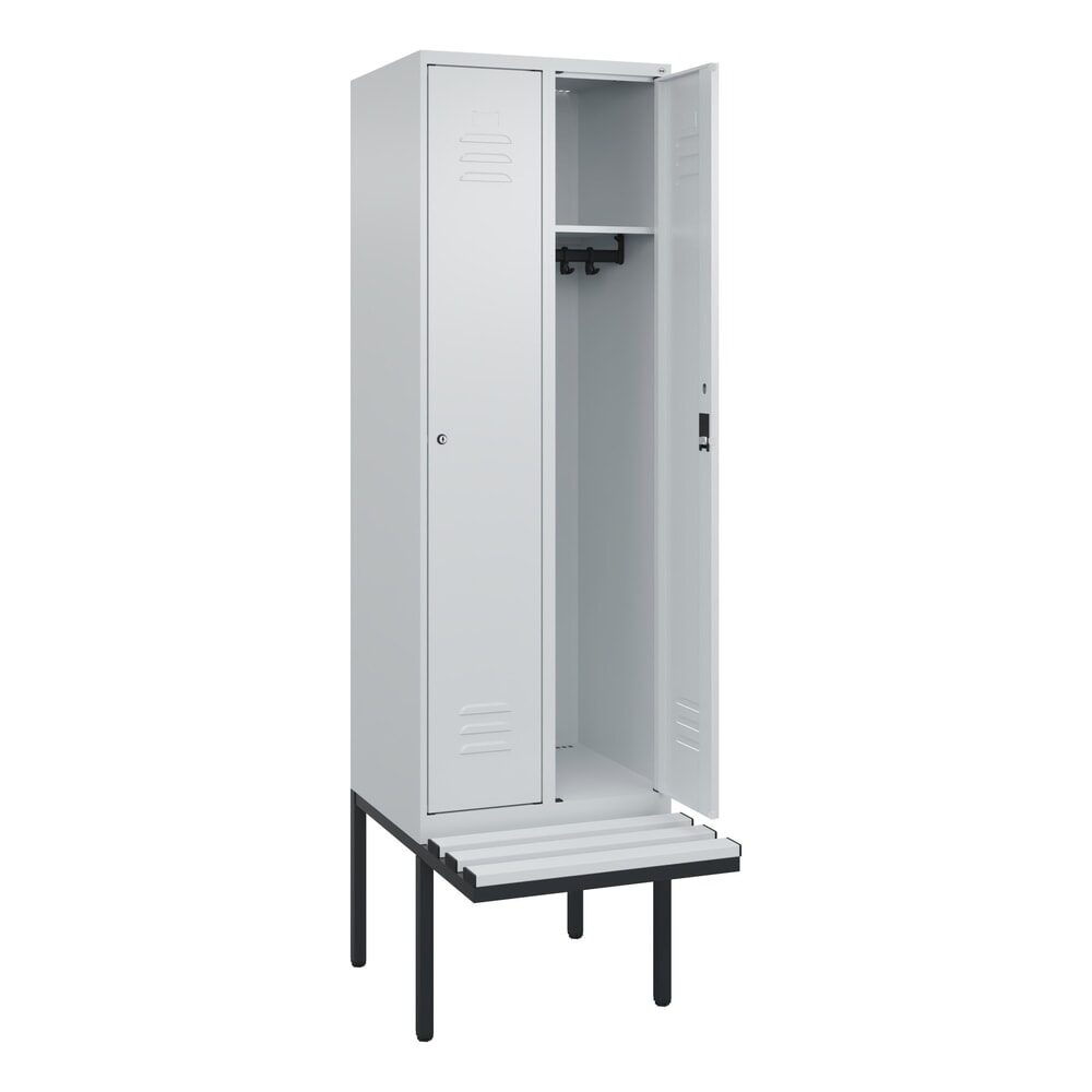 C+P Spind Classic PLUS, 2 Abteile, HxBxT 2.120 x 600 x 815 mm, Zylinderschloss, auskragende Bank aus Kunststoff, lichtgrau, lichtgrau