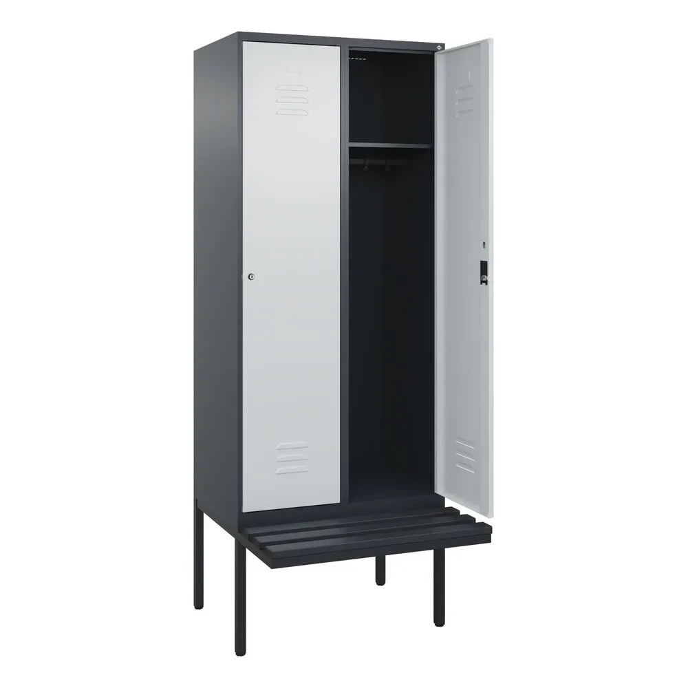 C+P Spind Classic PLUS, 2 Abteile, HxBxT 2.120 x 800 x 815 mm, Zylinderschloss, auskragende Bank aus Kunststoff, anthrazitgrau, lichtgrau