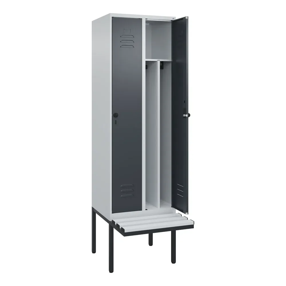C+P Spind Classic PLUS, 2 Abteile, Trennwand, HxBxT 2.120 x 600 x 815 mm, für Vorhängeschloss, auskragende Bank aus Kunststoff, lichtgrau, anthrazitgrau