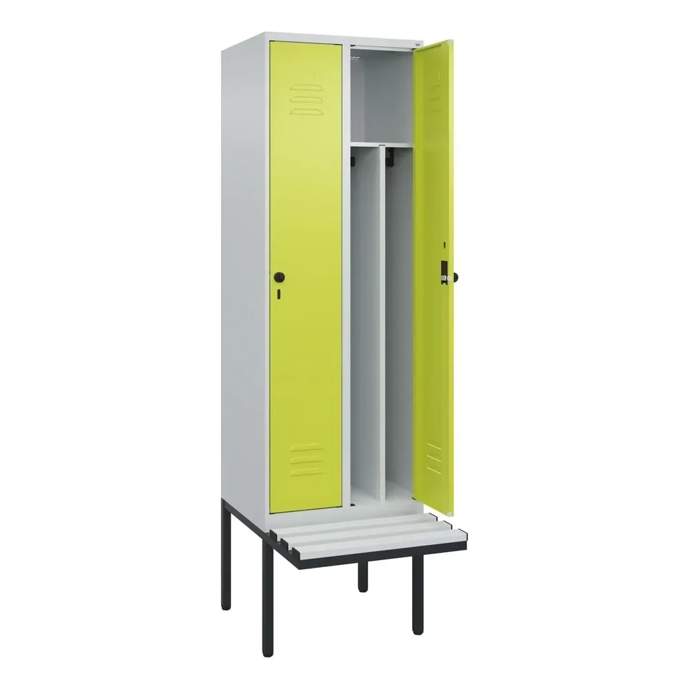 C+P Spind Classic PLUS, 2 Abteile, Trennwand, HxBxT 2.120 x 600 x 815 mm, für Vorhängeschloss, auskragende Bank aus Kunststoff, lichtgrau, clowngrün