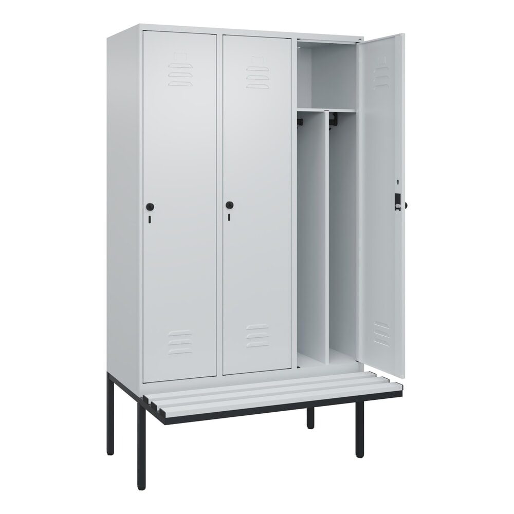 C+P Spind Classic PLUS, 3 Abteile, Trennwand, HxBxT 2.120 x 1.200 x 815 mm, für Vorhängeschloss, auskragende Bank aus Kunststoff, lichtgrau, lichtgrau